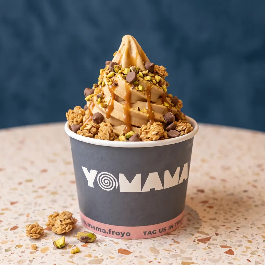 Salted caramel swirl with house granola, chocolate chips and pistachio crunch